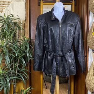 Kenneth Cole Leather Jacket Womens L Black Belted Moto Zip Cinched Waist Fitted